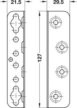 Preview: Bettverbinder, mit Schlüssellochstanzung und Sicherungslöchern mit Hakenteil, Höhe: 127 mm